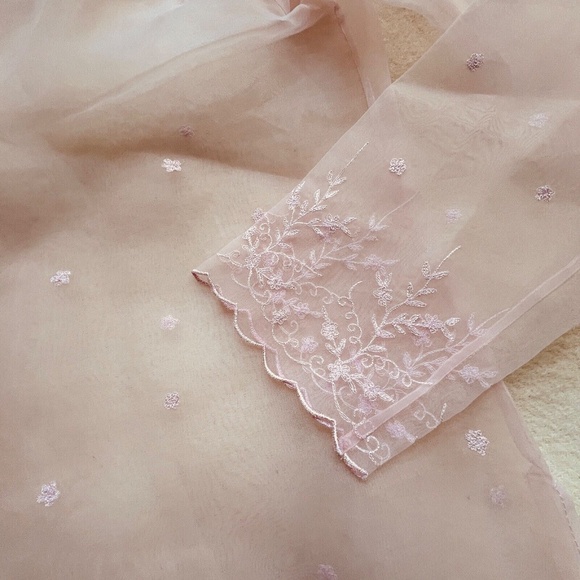 Sheer Blouse Tunic Light Pink Embroidered Button Up Floral Scallop Edges Sz L - Picture 5 of 13